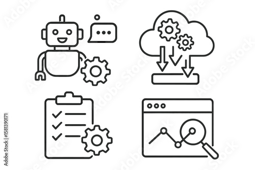 Business automation line icon set. Chatbot AI, cloud computing, data processing, process optimization, and intelligence analysis vector pictograms. Workflow technology icons.