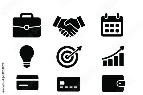 Business and finance solid glyph icon set. Vector symbols for success, strategy, planning, partnership. Briefcase, handshake, calendar, idea, target, growth graph, wallet.