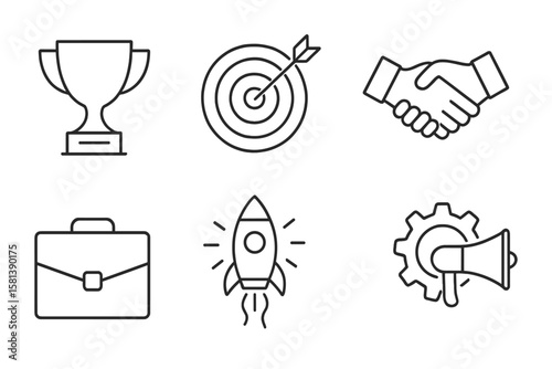 Business success and startup thin line icon set. Vector pictograms of trophy award, target goal, deal handshake, corporate briefcase, innovation rocket, and marketing megaphone.