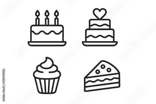 Set of 4 cake line icons, vector pictograms of birthday cakes, wedding cake, cupcake, cheesecake slice, thin linear style, pastry dessert on transparent background.