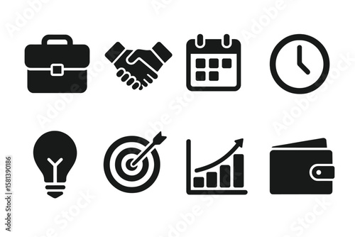 Business finance glyph icons. Strategy management concept. Partnership handshake, work briefcase, schedule calendar, time clock, idea lightbulb, goal target, growth graph, money wallet.
