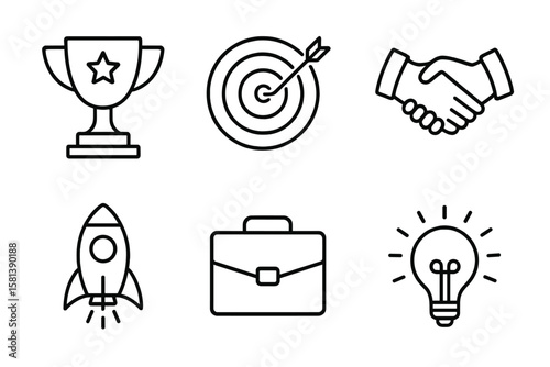 Business success line icon set. Vector pictograms for achievement, goal, deal, startup, career, innovation. Trophy, target, handshake, rocket, briefcase, light bulb icons.
