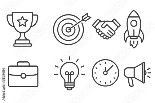 Business success and startup thin line icon set. Vector symbols of achievement trophy, goal target, partnership deal, rocket launch, briefcase, innovation idea, time management.