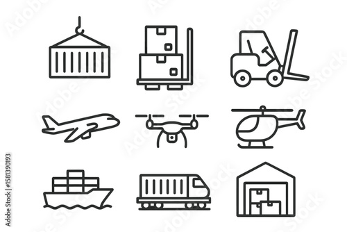 Logistics and transportation line icon set. Vector pictograms for cargo, freight and delivery. Container, pallet, forklift, plane, drone, ship, train, truck, warehouse icons.