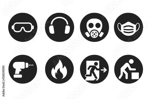 Construction site hazard safety glyph icon set with goggles, ear protection, respirator mask, drill, emergency exit, assembly, fire safety, black silhouette vector pictograms