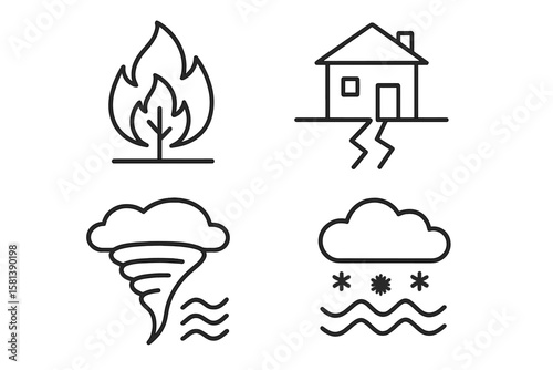Disaster weather hazard line icon set. Natural calamities vector symbols. Simple outline pictograms for wildfire, earthquake, tornado, flood, blizzard, climate change emergency.