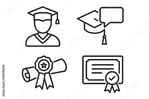 Graduation Line Icon Set – Student, Graduate, Cap, Tassel, Diploma, Ribbon, Certificate, Speech Bubble, Thin Linear Education Vector Illustration