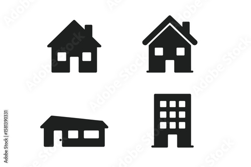 Modern House and Building Icon Set. Four Black Vector Real Estate Symbols: Cottage, Bungalow, Mansion, Apartment. Minimalist Home Design, Architecture, Property, Construction Concepts