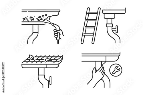 Gutter Maintenance Line Icon Set. Vector Illustration of Downspout Cleaning, Ladder, Hose, Bracket Repair, Debris Removal, Leaf Guard Installation, Thin Linear Style, Home Exterior Care