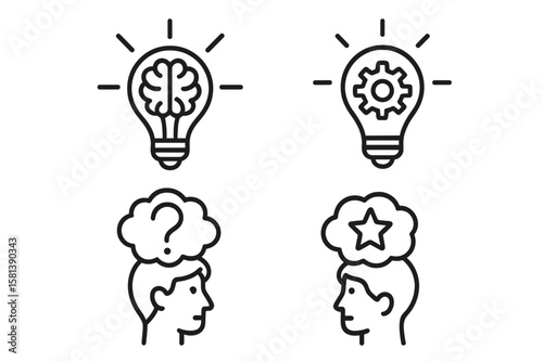 Idea and Creativity Line Icon Set of 4, Vector Pictograms Representing Brainstorming, Innovation, Problem-Solving, Abstract Thinking, Insight, and Imagination in Thin Linear Style