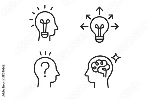 Creative Thinking Line Icon Set. Brainstorming, Innovation, Problem Solving, Abstract Mindset, Insight, Imagination. Thin Linear Vector Illustrations of Human Head, Lightbulb, Brain, Question Mark