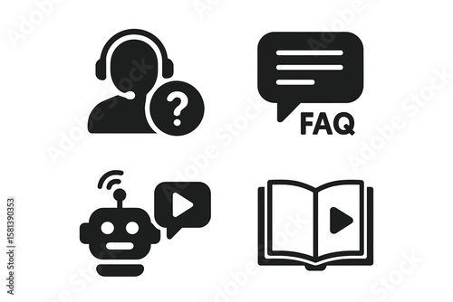 Customer Support and Information Icon Set – Help Center, FAQ, Chatbot, Documentation, Knowledge Base, Tutorial, Book, Speech Bubble, Vector Glyphs, Black Silhouette