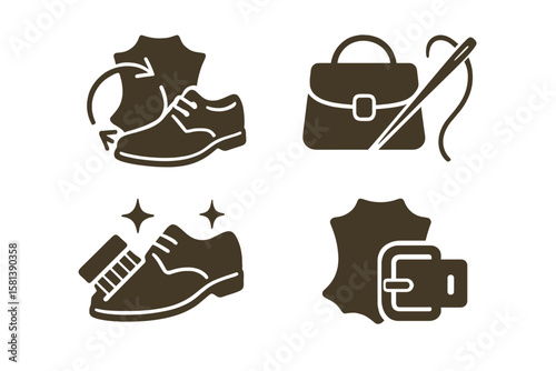 Leather Shoe Repair Service Icon Set. Restoration, Customization, Maintenance Tools. Footwear Care, Bag Repair, Handcraft, Buckle, Leathercraft, Shoe Shine, Stitching