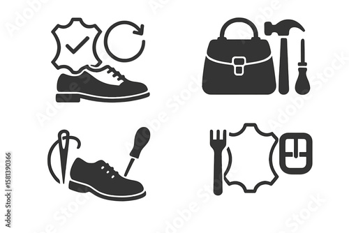 Leather Shoe Repair Service Icons Set. Footwear Restoration, Bag Repair, Handcrafted Leatherwork, Maintenance Tools, Customization, Stitching, Buckle, Leathercraft Symbols