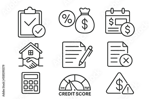 Loan and Financing Line Icon Collection Vector Illustration Set of 4, Includes Approval, Interest Rate, Repayment, Mortgage, Agreement, Penalty, Rejection, Calculator, Financial Concepts