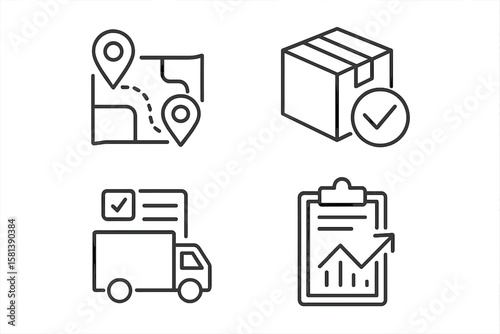 Logistics and Supply Chain Line Icon Set – Route Planning, Packaging, Freight Delivery, Proof of Delivery, Forecasting, Demand, Digital Documents, Thin Linear Vector Illustration