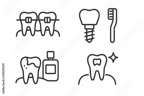 Medical dental care line icon set of 4, vector pictograms of braces, implants, cavities, toothbrush, oral hygiene, gum care, mouthwash, whitening treatments, tooth crown