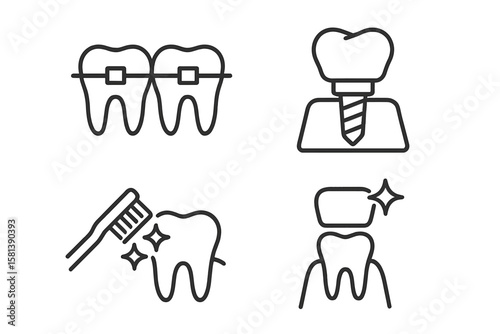 Medical dental care line icon set of 4, vector pictograms of braces, implants, cavities, toothbrush, gum care, mouthwash, whitening, tooth crown and root