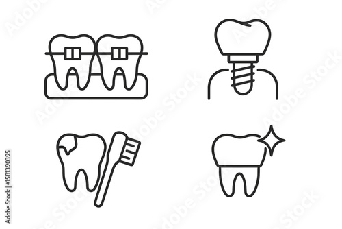 Dental Care Line Icons Set. Vector Pictograms of Braces, Dental Implants, Tooth Cavities, Toothbrush, Oral Hygiene, Gum Health, Mouthwash, Teeth Whitening, Tooth Crown, Root Treatment