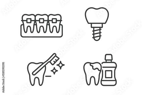 Dental Care Line Icon Set. Vector Pictograms of Braces, Dental Implants, Tooth Cavity, Toothbrush Cleaning, Oral Hygiene, Mouthwash, Tooth Whitening, Gum Health, Tooth Crown, Root