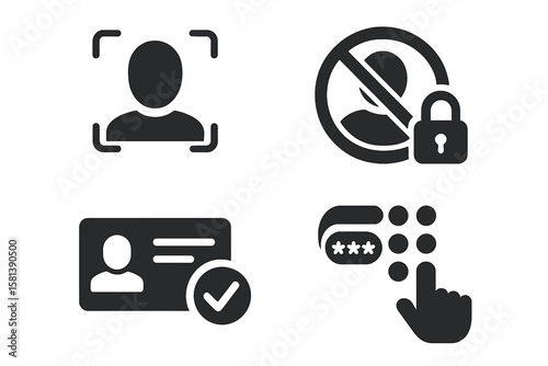 Security Access Control Icons Set. Biometric Recognition, User Restriction, Identity Verification, Password Authentication, PIN Entry, Keypad Access, Permission Symbols, Black Glyph Vector Collection