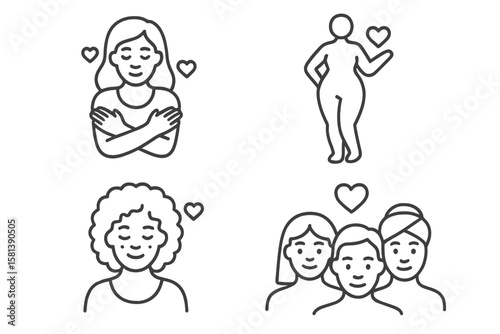 Self-Love and Body Positivity Line Icon Set of 4, Vector Pictograms Representing Self-Acceptance, Mental Well-Being, Curvy Silhouette, Curly Hair, Diversity, and Freckles