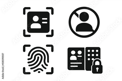 Security Access and Identity Verification Glyph Icon Set. Biometric Recognition, ID Card, Fingerprint Scan, User Restriction, Authentication, PIN Code, Permission, Black Vector Symbols