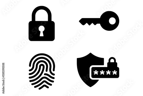 Cybersecurity and Privacy Icon Set – Black Silhouette Vector Collection of Lock, Key, Fingerprint, Shield, Passcode, Security Access Control, Data Protection Symbols