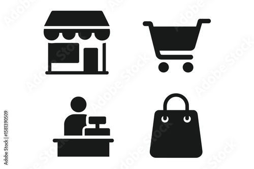 Shopping and Retail Icon Set – Storefront, Shopping Cart, Cashier, Shopping Bag, E-commerce, Marketplace, Business Management, Black Silhouette Vector Collection