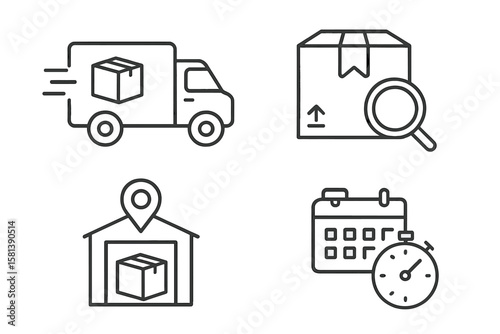 Shipping and Delivery Line Icons Set. Vector Pictograms of Fast Delivery Truck, Parcel Tracking, Warehouse Location, Calendar, Stopwatch. Thin Linear Logistics, Packaging, Fulfillment, Distribution