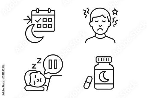 Sleep hygiene and nighttime health line icon set of 4, including vector icons of habits, sleep disorders, anxiety, apnea, supplements, schedules, and routines