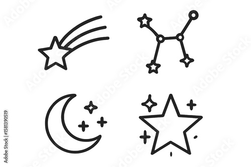 Minimalist Space Icon Set. Shooting Star, Constellation, Crescent Moon, Sparkle Burst. Thin Line Vector, Astronomy Symbols, Celestial Elements, Modern Outline, Night Sky, Astrological Signs