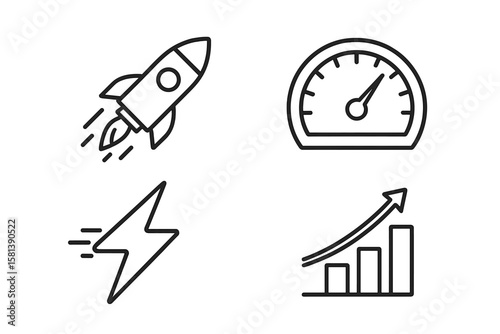 Speed, Acceleration, Fast Movement Line Icon Set. Vector Pictograms of Rocket Launch, Speedometer, Lightning Bolt, Rapid Growth, Progress, Quick Action, Dynamic Success