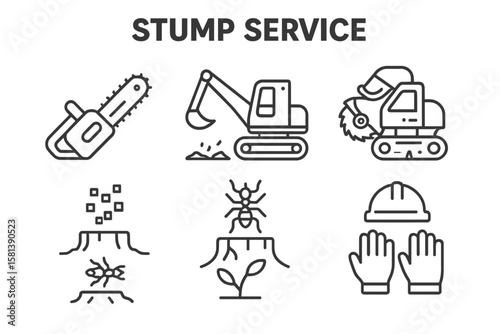 Stump Removal Service Line Icons Set. Chainsaw, Excavator, Stump Grinder, Mulch, Ant Decomposition, Hard Hat, Work Gloves, Plant Growth. Thin Linear Vector Illustration