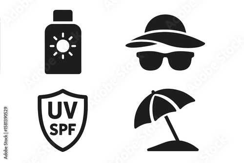 Sun protection vector icon set. Black summer glyph pictograms of sunscreen bottle, wide-brim hat, sunglasses, UV SPF shield, beach umbrella. Skin care, sun safety, UV defense, vacation
