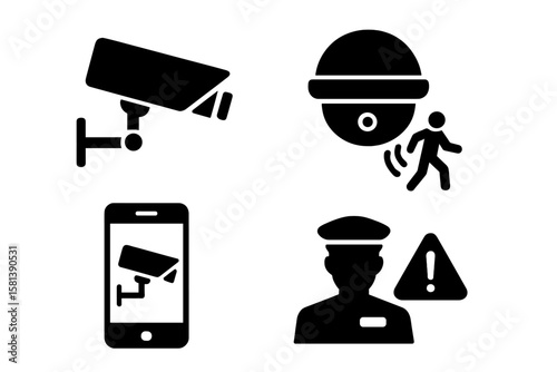 Security Surveillance Monitoring Glyph Icon Set. CCTV Camera, Dome Camera, Motion Detection, Remote Access Alert, Intrusion Warning, Security Guard, Black Silhouette Pictograms