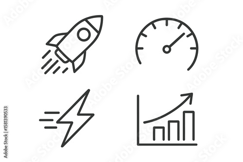 Speed, Acceleration, Fast Movement Line Icon Set. Rocket Launch, Speedometer, Lightning Bolt, Rapid Growth, Quick Action, Progress, Dynamic Vector Pictograms, Thin Outline, Business Success