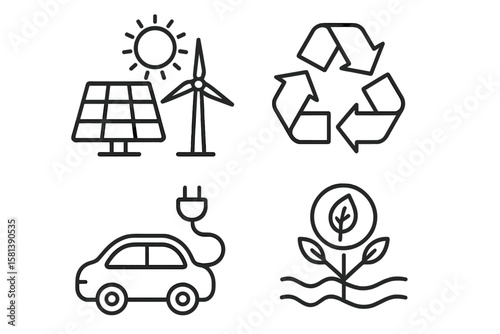 Sustainability and Eco-Friendly Line Icon Set of 4, Vector Pictograms Featuring Renewable Energy, Recycling, Sustainable Transportation, Organic Farming, Solar Panel, Wind Turbine Symbols
