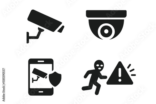 Surveillance Monitoring Icon Set of 4, Vector Pictograms of CCTV, Dome Camera, Detection, Remote Access, Alert, Intrusion Warning, Security Guard, Black Silhouette Signs