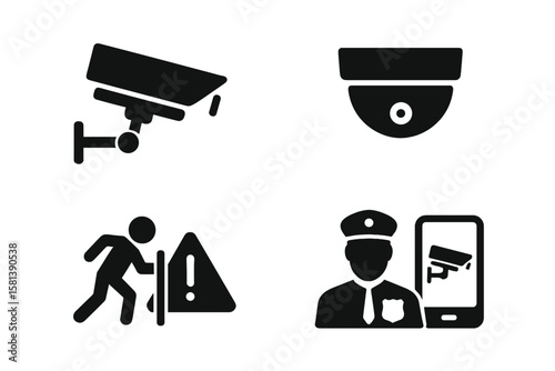 Surveillance monitoring glyph icon set of 4. Vector pictograms featuring CCTV camera, dome security, intrusion detection, remote access alert, guard warning, black silhouette signs