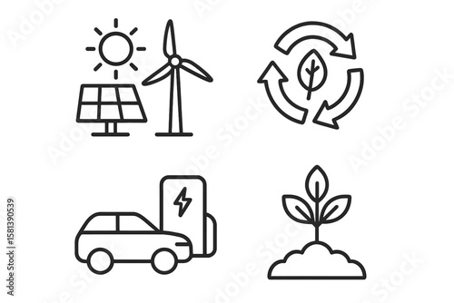 Sustainability and Eco-Friendly Line Icon Set of 4, Vector Pictograms of Renewable Energy, Recycling, Sustainable Transport, Organic Farming, Solar Panel, Wind Turbine