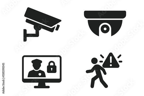 CCTV Surveillance and Security Monitoring Glyph Icon Set. Vector Pictograms of Dome Camera, Intrusion Detection, Remote Guard Access, Alert Warning, Intruder Security Silhouette