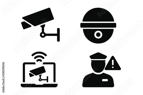 Surveillance Security Monitoring Icon Set. CCTV Camera, Dome Camera, Remote Access, Intrusion Detection, Alert Warning, Security Guard, Black Silhouette Vector Collection