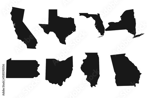 Vector illustration of US state maps showing California, Texas, Florida, New York, Pennsylvania, Ohio, Illinois, Georgia black silhouettes on white background for travel and geography
