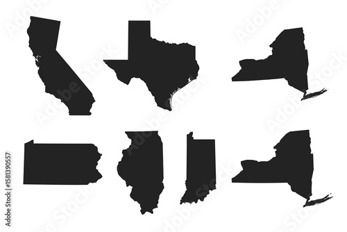 US State Maps Vector Illustration, Black Silhouettes of California, Texas, Florida, New York, Pennsylvania, Ohio, Illinois, Georgia on White Background, Travel, Geography, USA