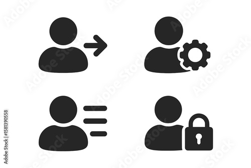 User account glyph icon set of 4, vector pictograms of profile avatar, login, admin, guest, list, details, info, secure identity, access, manage, contact black signs