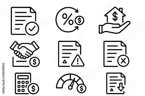 Tax and Budgeting Line Icon Set. Financial Documents, Deductions, VAT, Bookkeeping, Penalty, Compliance, Audit, Accountant, Payment, Calculator, Credit Score, Loan Approval