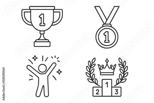 Victory and Achievement Icon Set, Vector Pictograms of Trophy, First Place Medal, Celebration, Laurel Wreath, Crown, Winner Podium, Thin Line Linear Illustrations