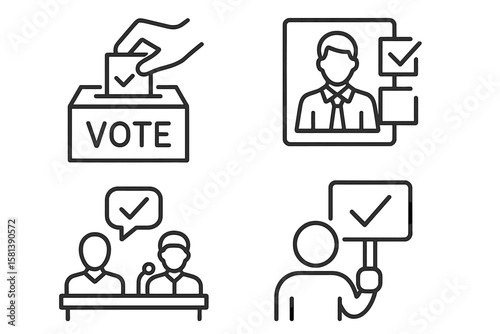 Voting and Election Line Icon Set – 4 Vector Pictograms of Democratic Processes, Civic Participation, Ballot Box, Candidate Selection, Debate, Voter Engagement, Checkmark Symbol