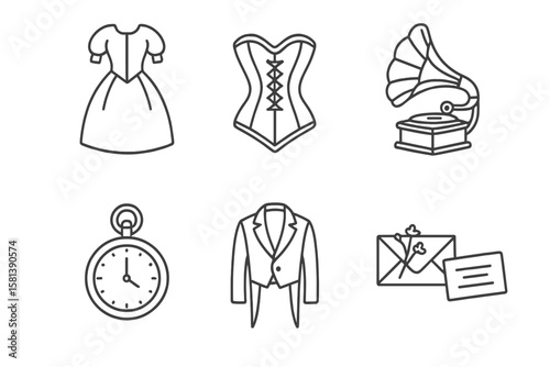 Victorian Era Line Icon Set. 19th Century Antique Fashion and Objects. Vintage Dress, Corset, Gramophone, Pocket Watch, Tailcoat, Letter with Flowers. Retro Outline Vector Illustration